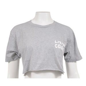 Livin Cool Womens Logo Crop Top Size Medium Grey White Cotton T Shirt Raw Hem